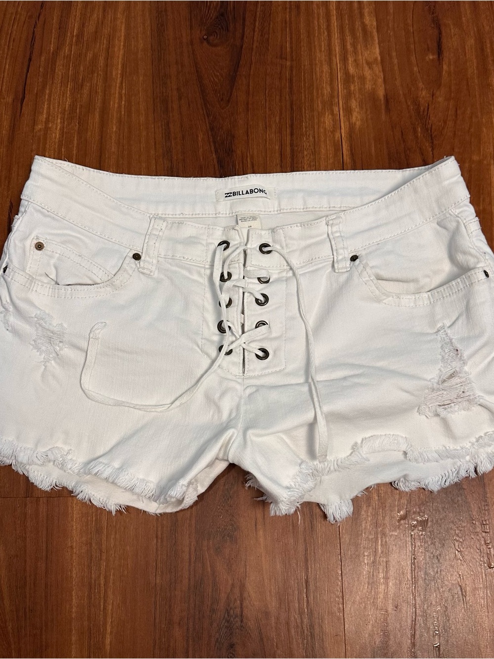 Billabong White Lace-Up Distressed Denim Cutoff Shorts